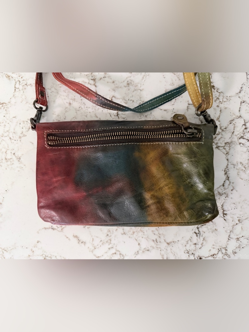 Bed Stu Multicolor Tie-Dye Leather Crossbody Bag w/Wristlet Strap